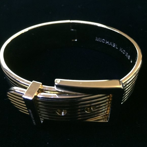 Michael Kors Textured Gold Tone Buckle Hinged Bangle Bracelet - Picture 3 of 6